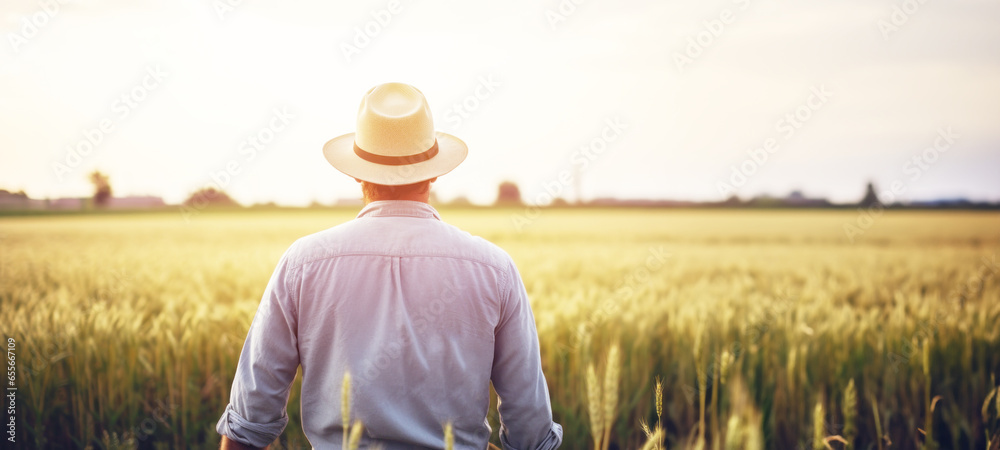 Man farmer stands in a golden wheat field, checking the progress of  harvest, Agriculture, organic farming, Summer landscape with wheat field, agro-business, positive emotional concept.