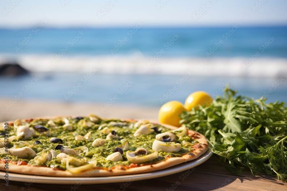 Pesto Pizza: Thin crust, basil pesto sauce, melted Mozzarella, sun-dried tomatoes, and a sprinkle of pine nuts