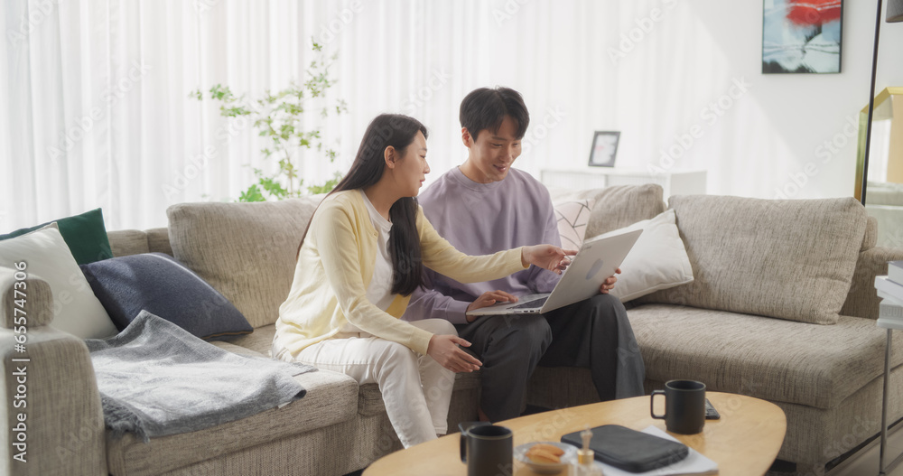 Young and Lovely South Korean Couple Using Laptop Computer, Sharing Dreams on the Sofa of Their Stylish Home, while Shopping Online From the Comfort of Their Bright and Modern Living Room