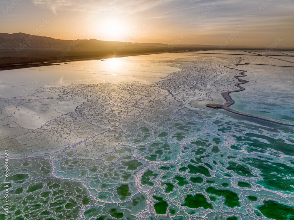 The green salt lake in sunrise, locate at Mangya, Qinghai province, China.