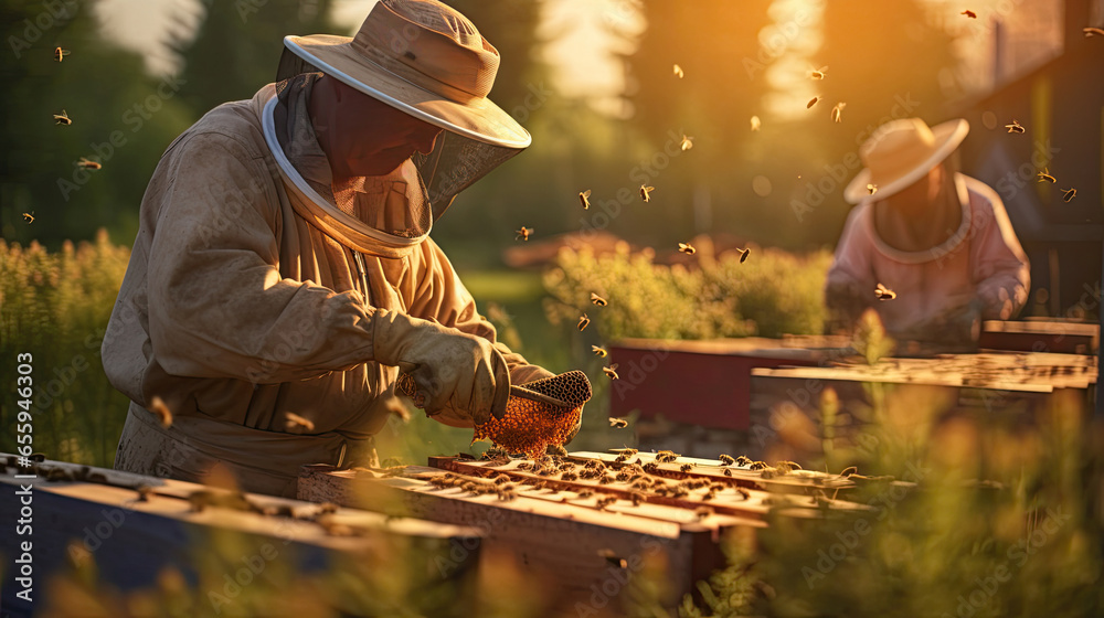 a Beekeeper is working with bees in apiary. Generative Ai