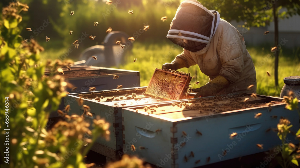 a Beekeeper is working with bees in apiary. Generative Ai