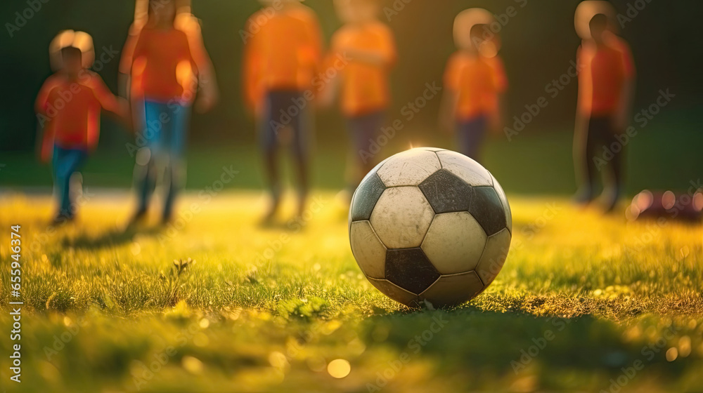 Group of young children players match on soccer field. Kids soccer football. Generative Ai