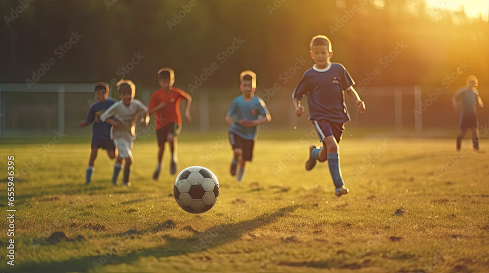 Group of young children players match on soccer field. Kids soccer football. Generative Ai