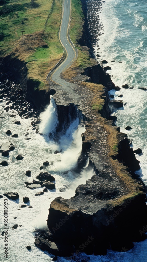 Coastal erosion. A coastline is eroded by powerful waves