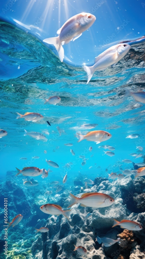 Marine life protection. A school of fish swims in crystal-clear water