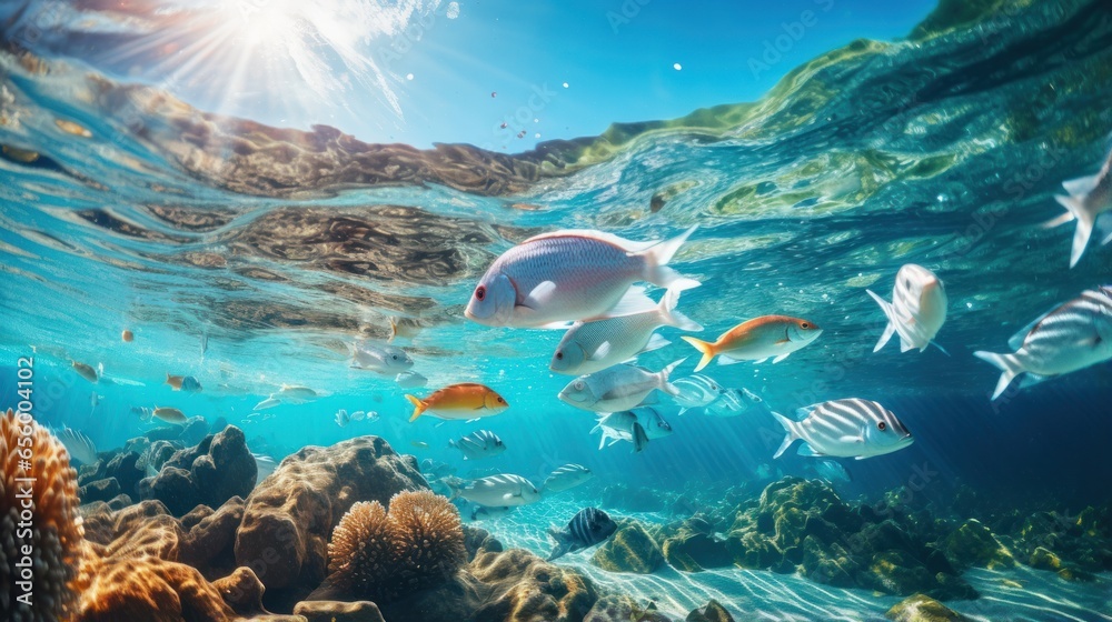 Marine life protection. A school of fish swims in crystal-clear water