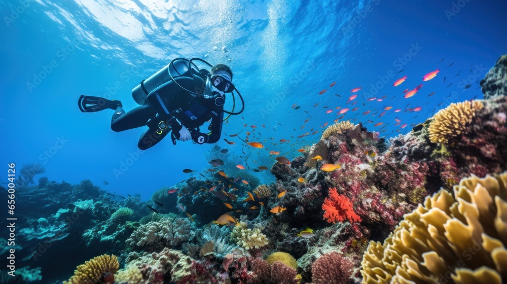 Coral reef conservation. Divers explore a colorful underwater world