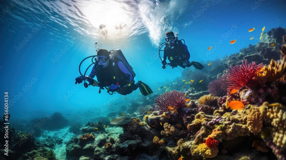 Coral reef conservation. Divers explore a colorful underwater world