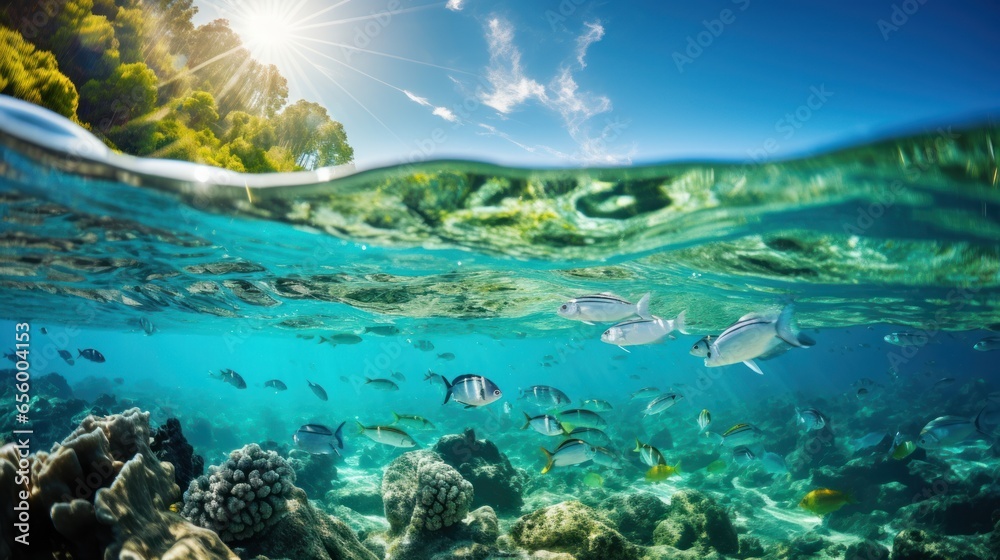 Marine life protection. A school of fish swims in crystal-clear water