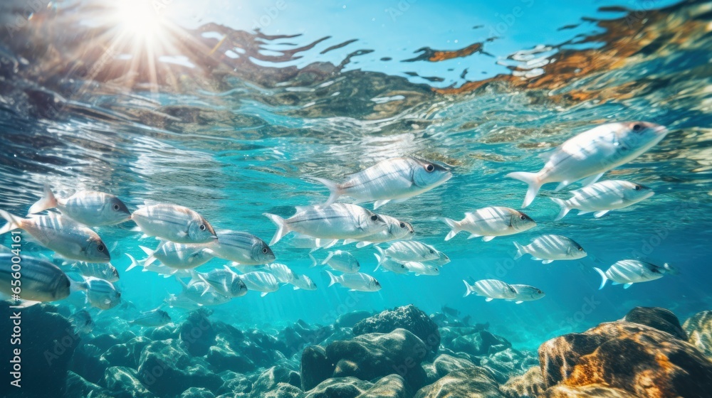 Marine life protection. A school of fish swims in crystal-clear water