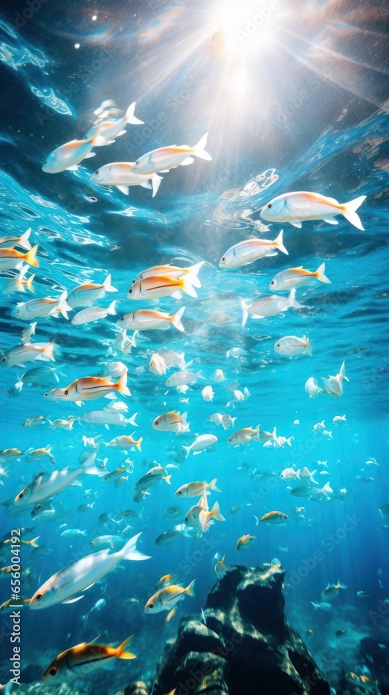 Marine life protection. A school of fish swims in crystal-clear water