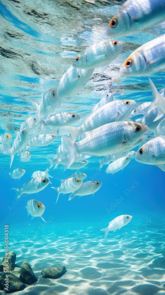 Marine life protection. A school of fish swims in crystal-clear water