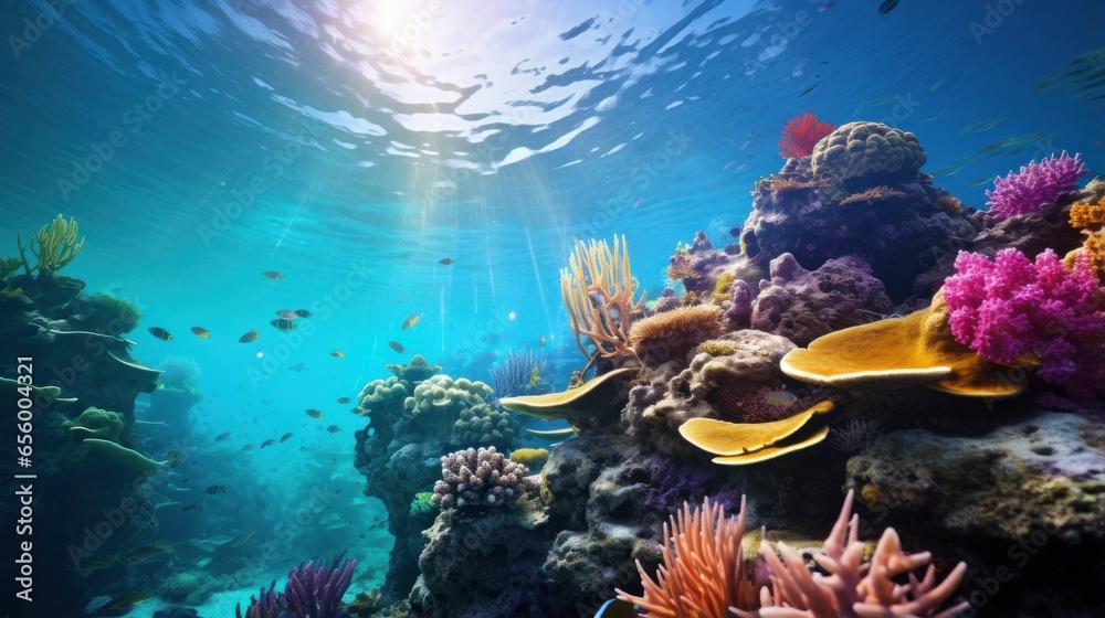 Coral reef conservation. Divers explore a colorful underwater world