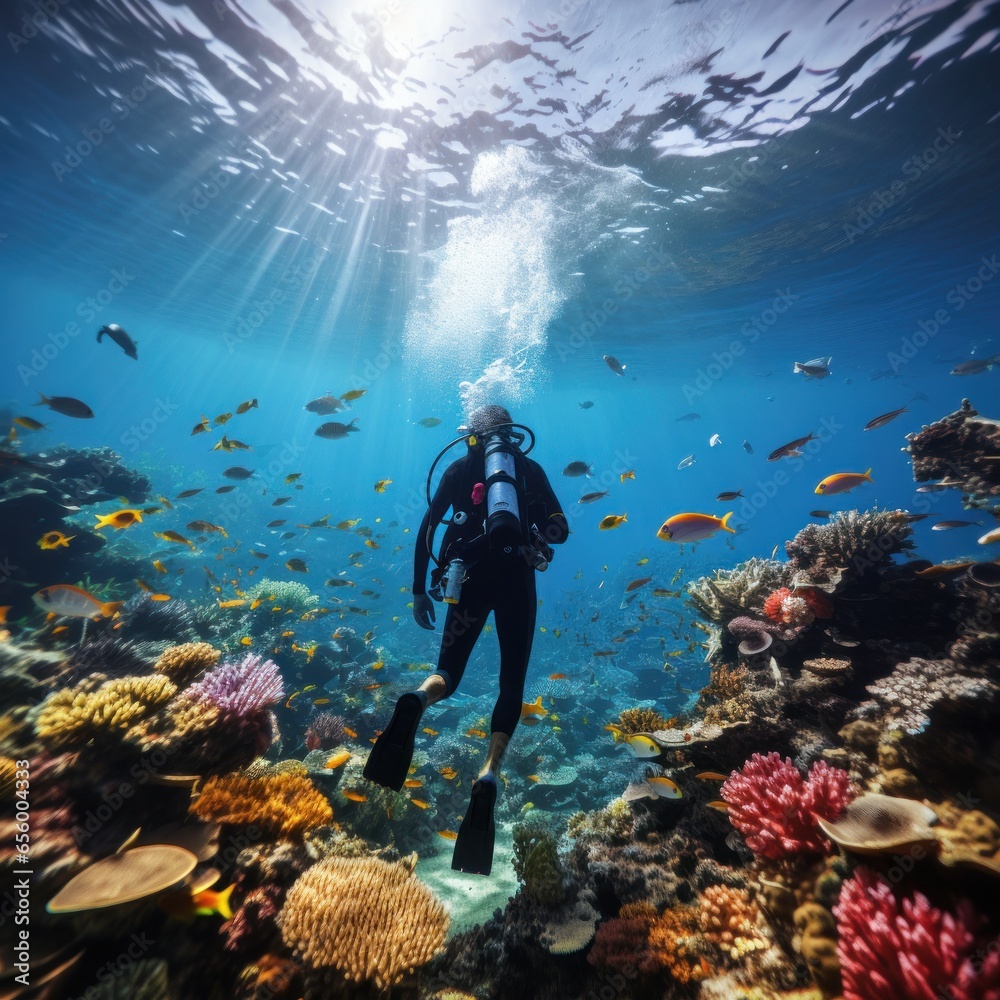 Coral reef conservation. Divers explore a colorful underwater world