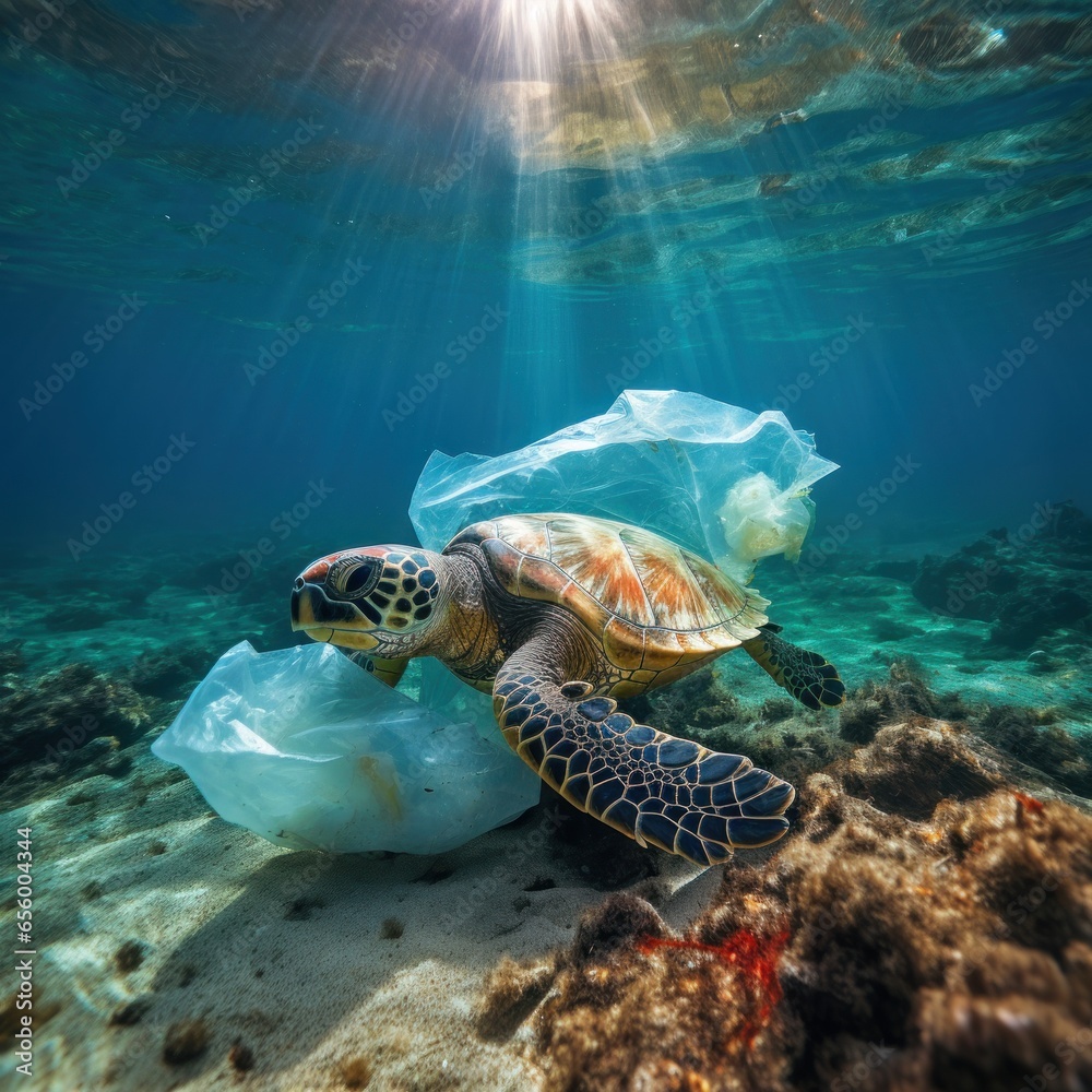 Plastic pollution. A sea turtle struggles with a plastic bag