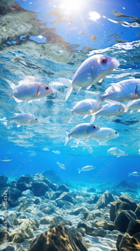 Marine life protection. A school of fish swims in crystal-clear water