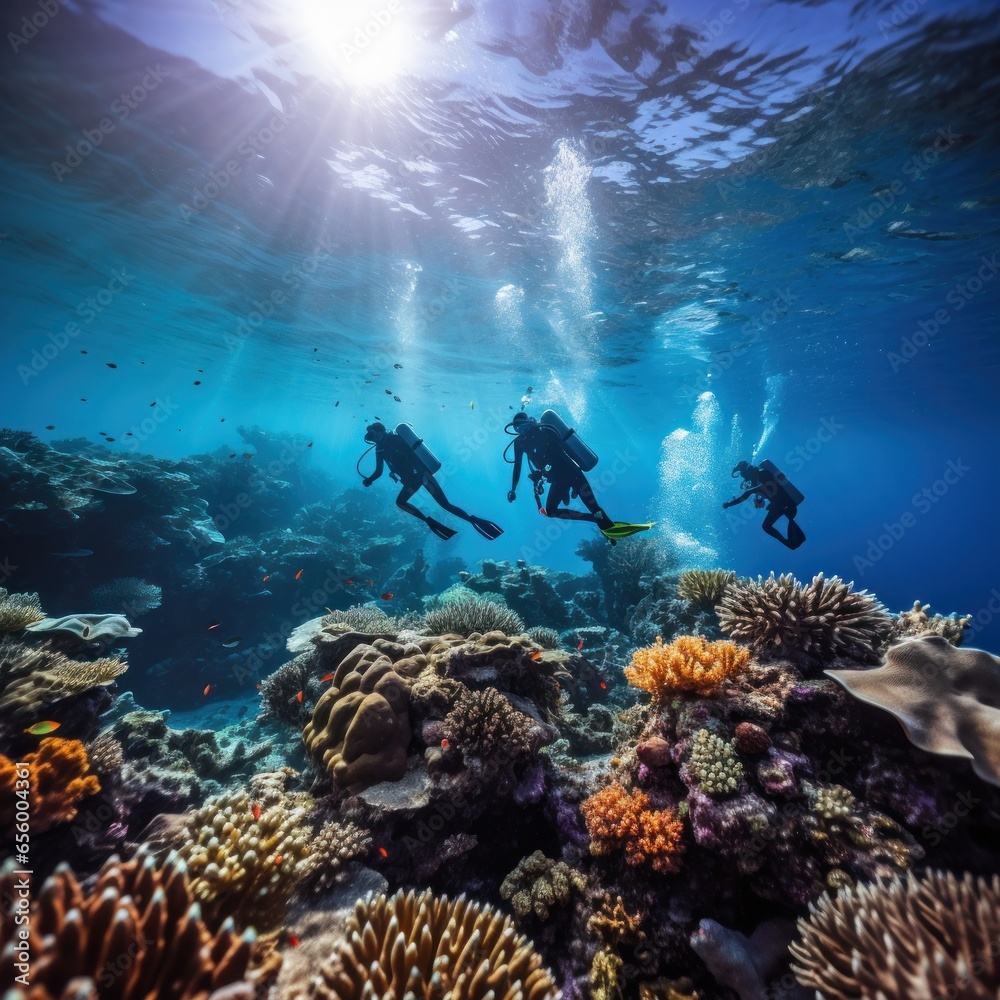 Coral reef conservation. Divers explore a colorful underwater world