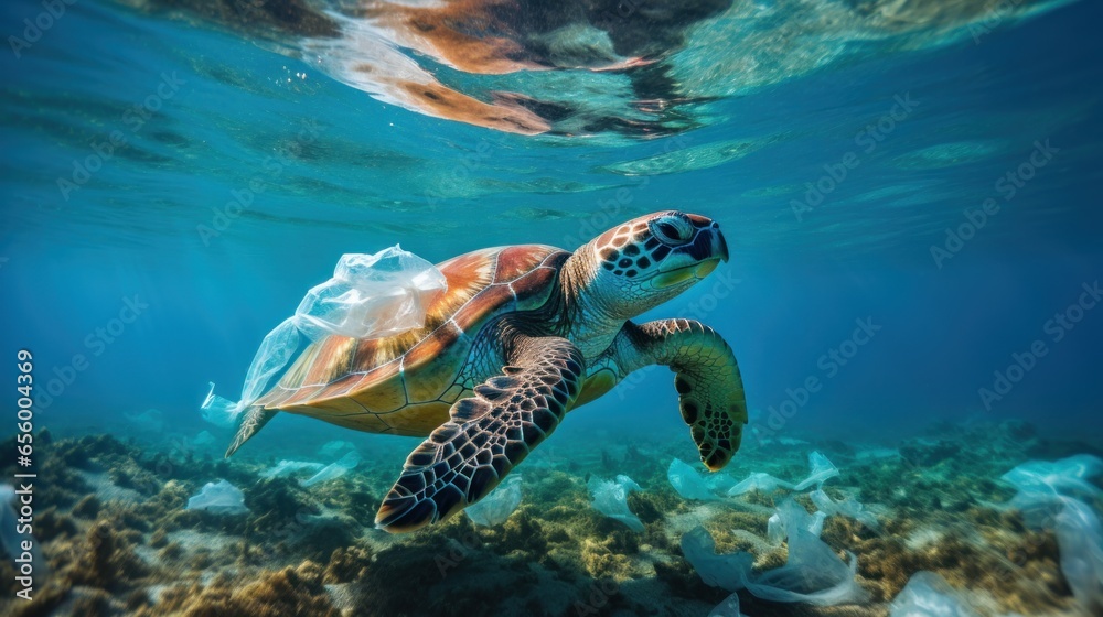 Plastic pollution. A sea turtle struggles with a plastic bag