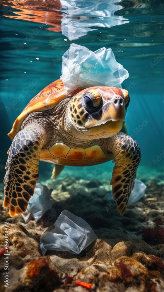 Plastic pollution. A sea turtle struggles with a plastic bag