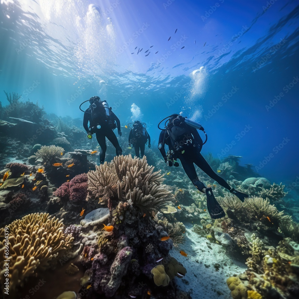 Coral reef conservation. Divers explore a colorful underwater world