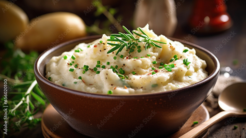 A bowl of comforting and creamy mashed potatoes, garnished with fresh herbs on wooden table. Generative Ai