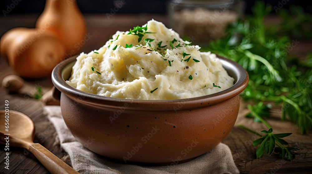 A bowl of comforting and creamy mashed potatoes, garnished with fresh herbs on wooden table. Generative Ai