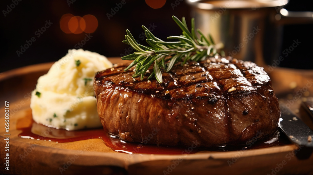 Beef steak with mashed potatoes on wooden table in the restaurant. Generative Ai