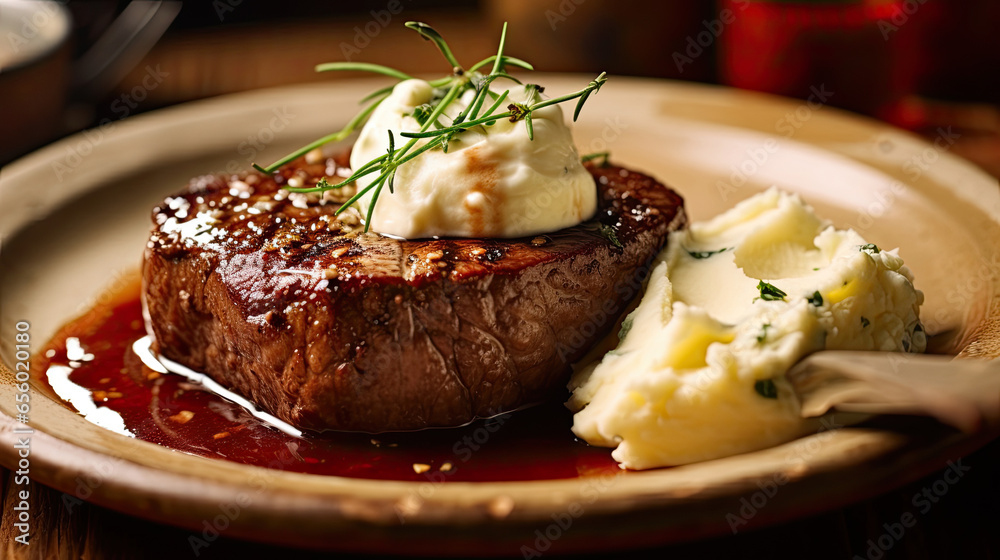 Beef steak with mashed potatoes on wooden table in the restaurant. Generative Ai