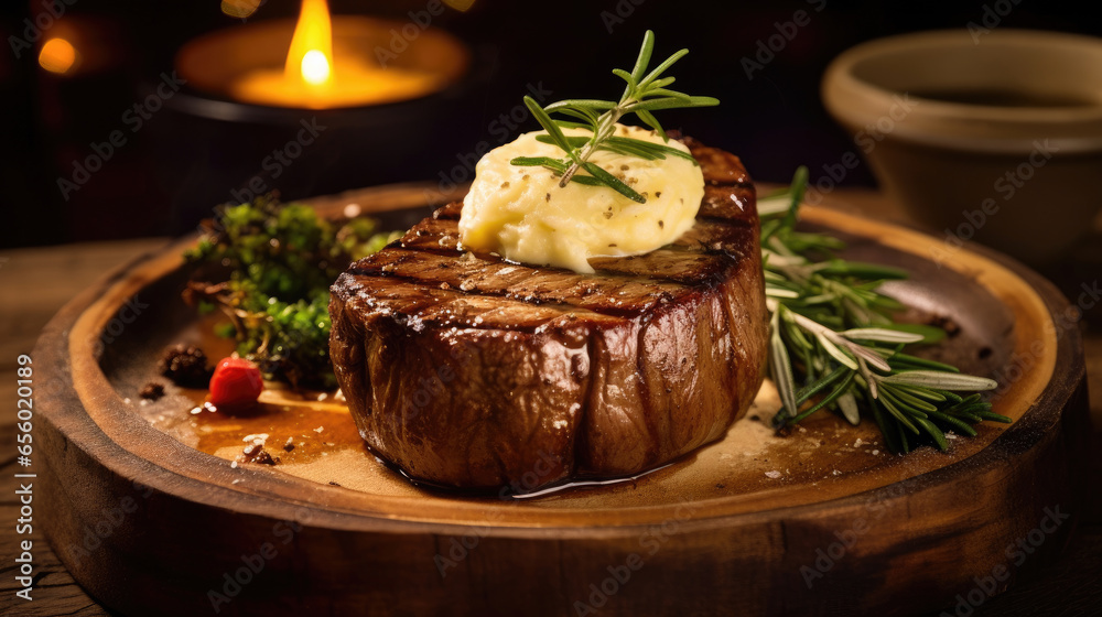 Beef steak with mashed potatoes on wooden table in the restaurant. Generative Ai