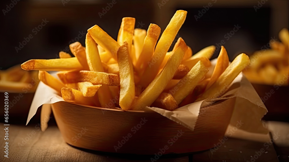 French fries on wooden table in the restaurant. Generative Ai