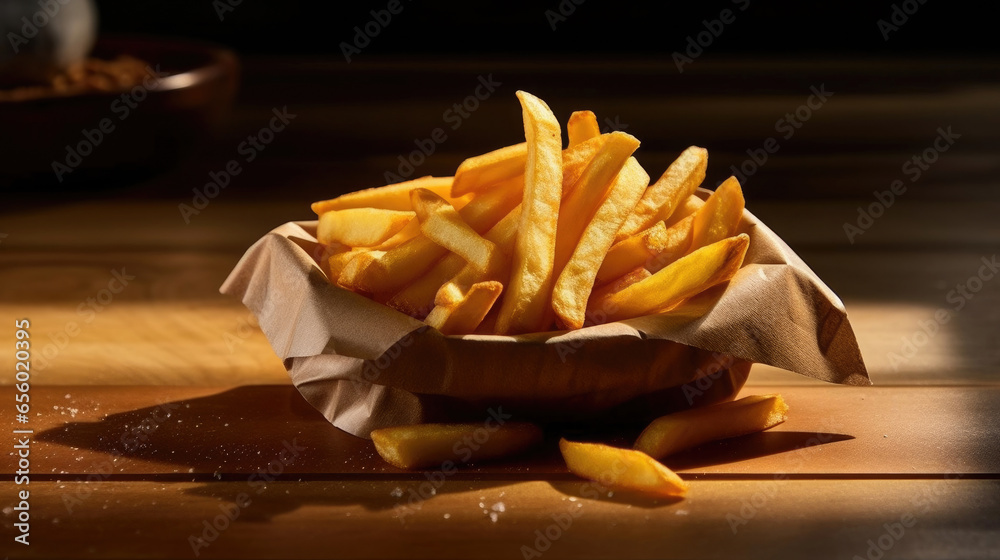 French fries on wooden table in the restaurant. Generative Ai