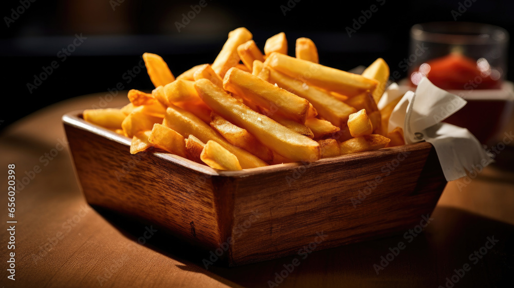 French fries on wooden table in the restaurant. Generative Ai