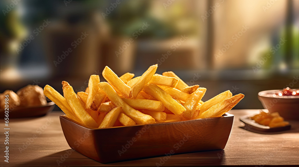 French fries on wooden table in the restaurant. Generative Ai