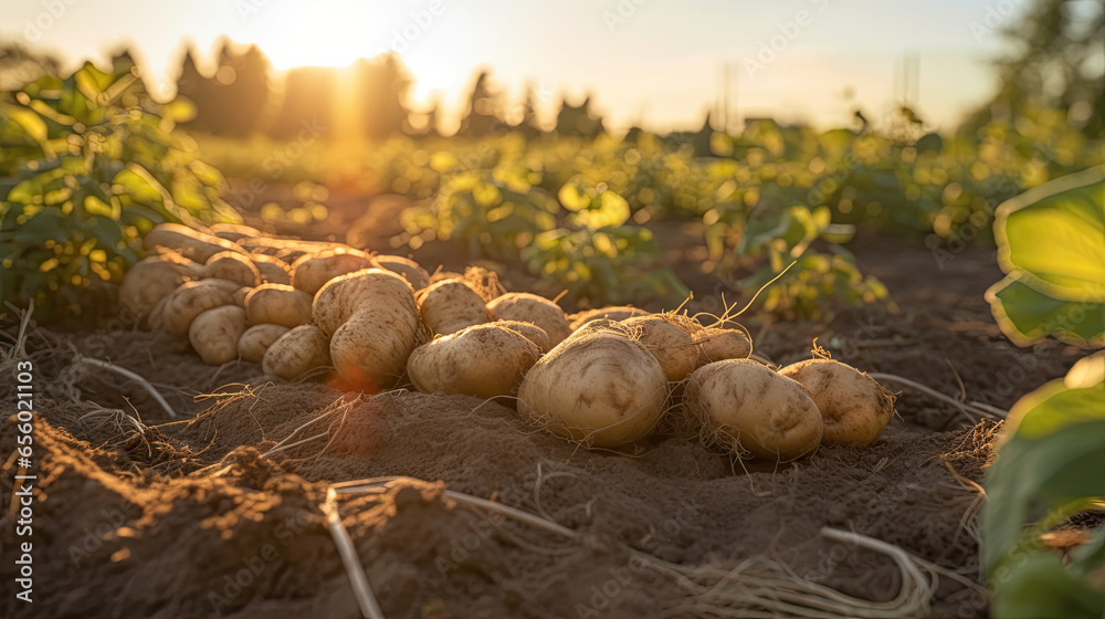 Fresh potatoes on the ground in plant field. Generative Ai