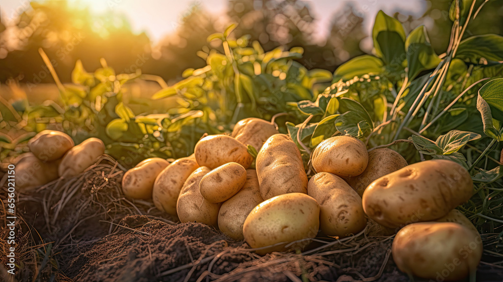 Fresh potatoes on the ground in plant field. Generative Ai