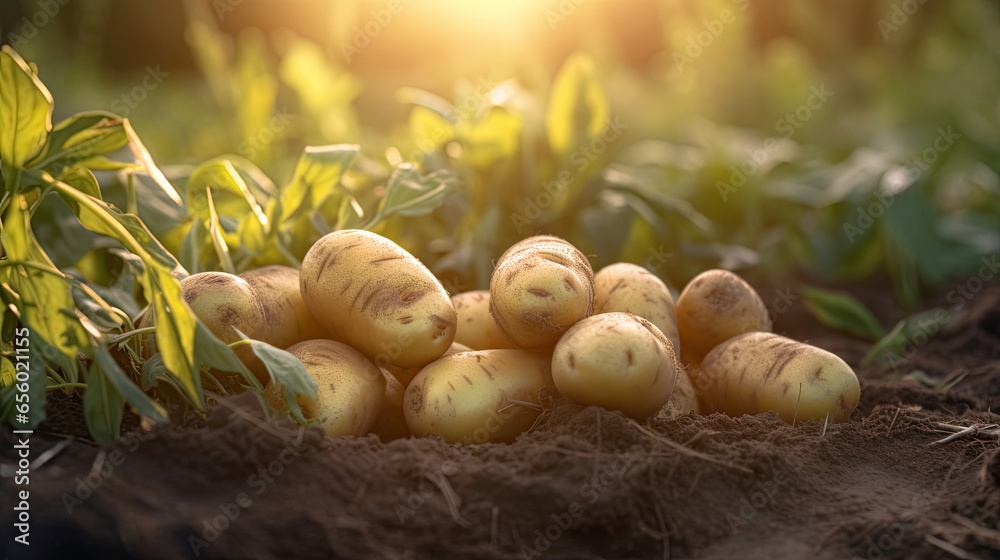 Fresh potatoes on the ground in plant field. Generative Ai