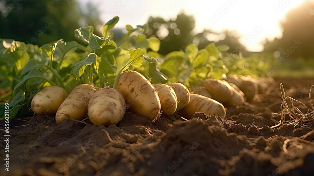 Fresh potatoes on the ground in plant field. Generative Ai