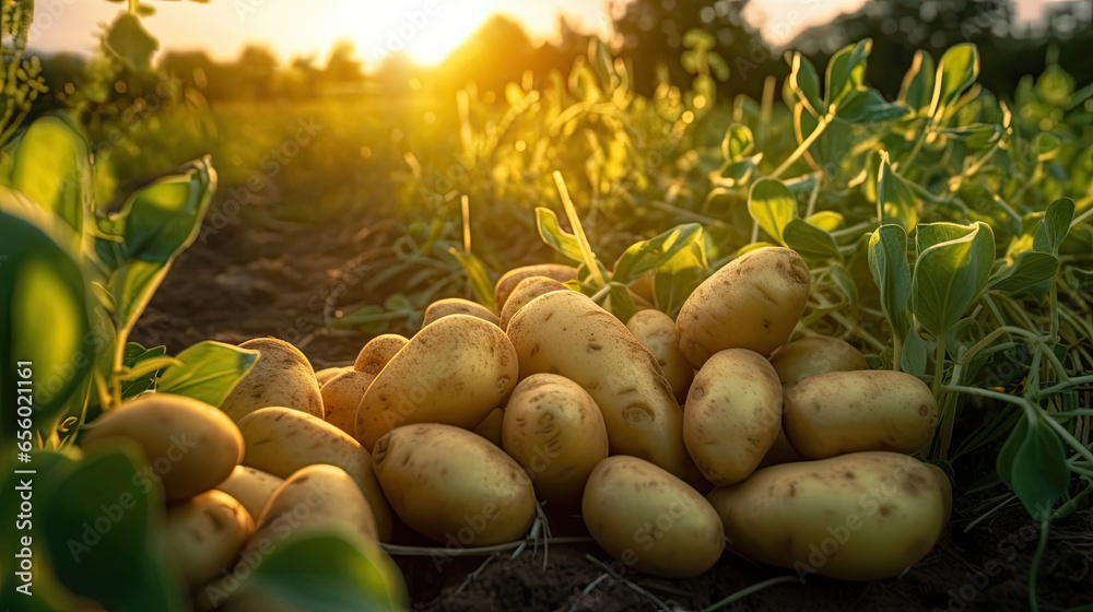 Fresh potatoes on the ground in plant field. Generative Ai