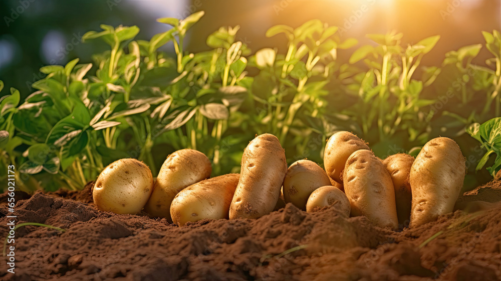 Fresh potatoes on the ground in plant field. Generative Ai