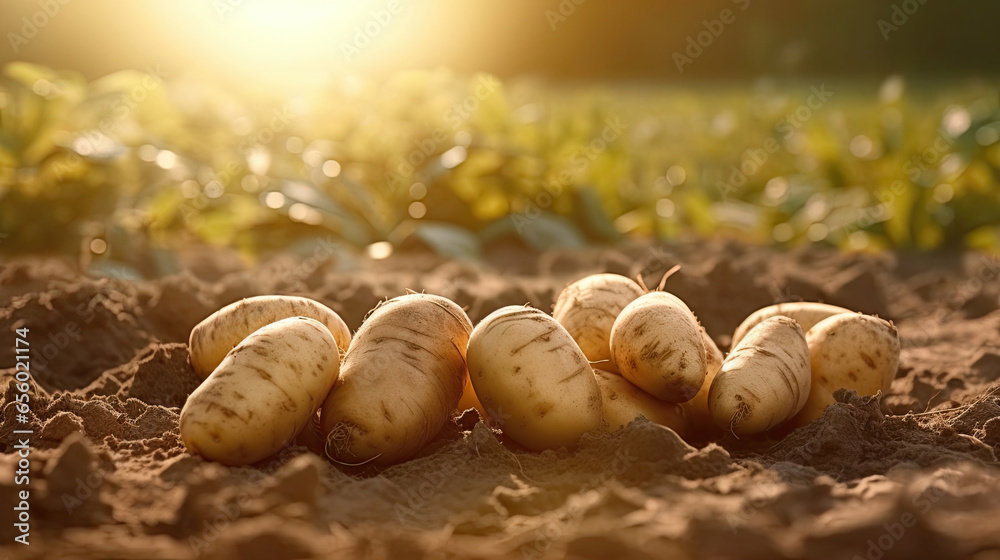 Fresh potatoes on the ground in plant field. Generative Ai