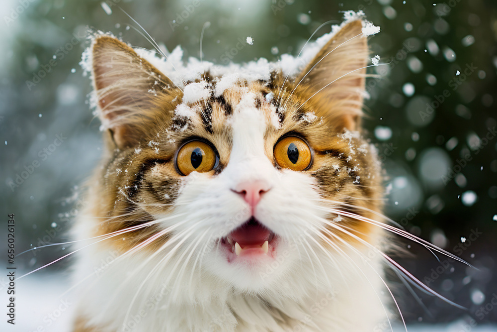 Cat astounded by snow. Snow fell on the cat. Funny cat in the snow