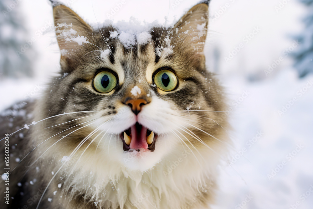 Cat astounded by snow. Snow fell on the cat. Funny cat in the snow