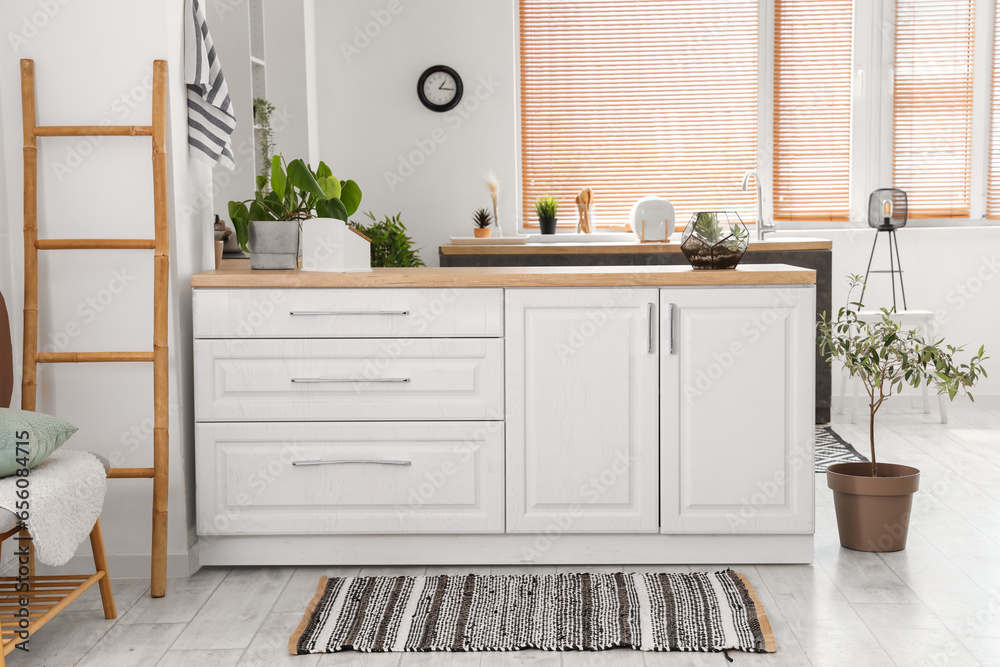 Interior of light kitchen with white counters and striped carpet