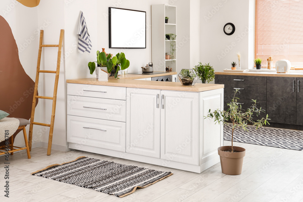 Interior of light kitchen with white counters and striped carpet