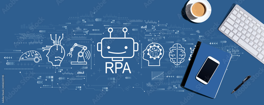 Robotic Process Automation RPA theme with a computer keyboard and office items