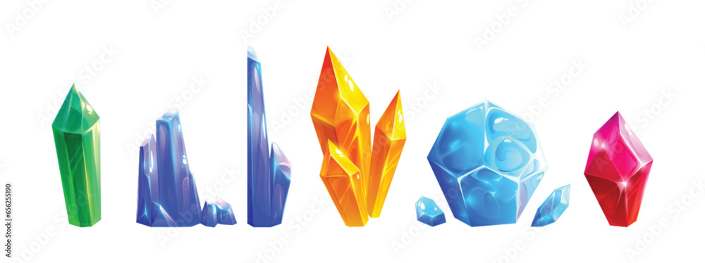 Crystal diamond gem stone magic game isolated icon. Quartz, emerald and sapphire vector mineral design. Abstract polygon edge ruby rock ui clipart graphic illustration. Precious treasure object