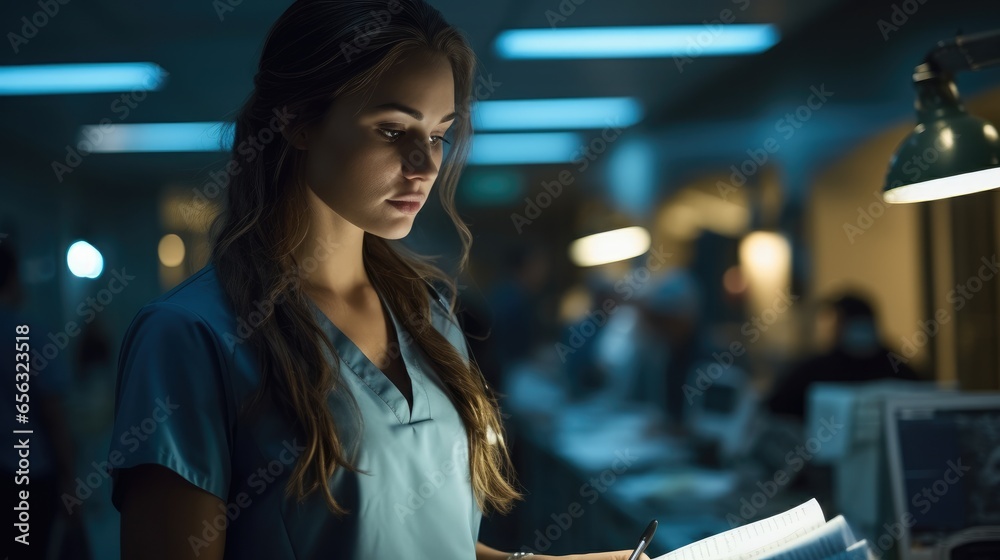 Nurse reviewing patient charts under the dimmed lights of a night shift at hospital.