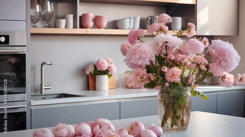 Modern kitchen with pink flowers on the counter and stainless steel fridge.