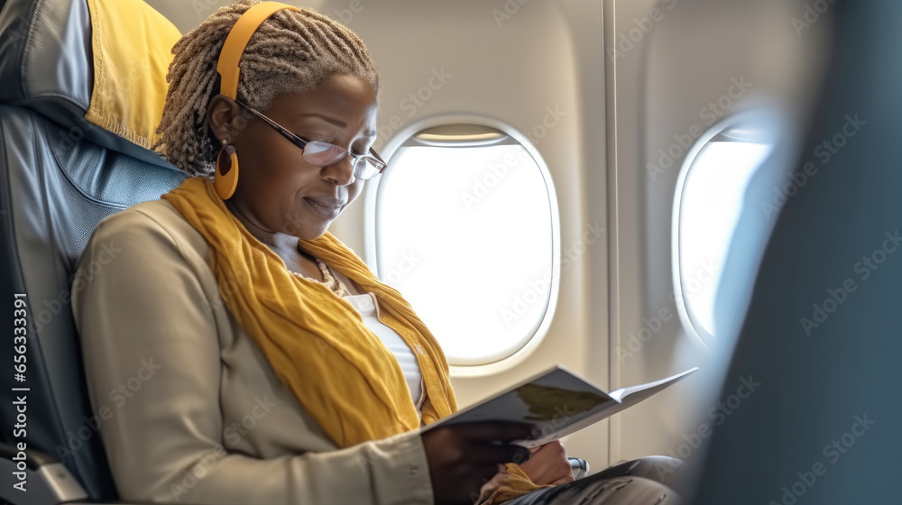 Travel and flight concept, African senior woman are reading a book and wear headphones while flying on airplane.